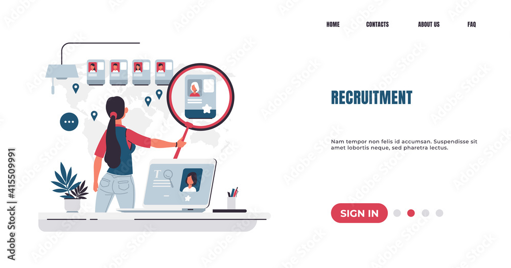 Poster recruitment landing page. employee searching and hiring concept. hr manager examines resume of candi