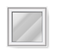 Square mirror. Realistic glass shape with white frame and light reflection. Front view of hanging on wall isolated furniture for bathroom and bedroom interior. Vector classic metal or wooden framework