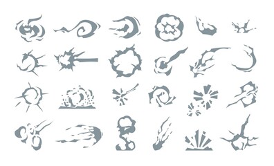 Cartoon motion effects. Spark comic graphic rings, magic circle swirl and speed light trails. Explosion and heat fume traces set. Cloudy shapes of steam and smoke. Vector grey gas flow isolated tracks