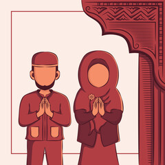 Hand drawn illustration of Ramadan Kareem Iftar party celebration. Islamic Holy Month 1442 H (Ramadan Mubarak). Can used for Greeting card, flyer, poster, banner.