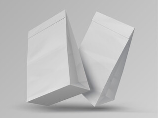 Food bags. Realistic white paper craft packages. Blank closed packets, mockup for branding. Bagged snacks and takeaway meal. Ecological packaging, vector recyclable cardboard sacks with copy space