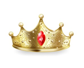 Golden crown. 3D realistic gold queen or princess sign, luxury head accessory, monarch majestic jewel diadem with ruby and pearl gemstone, royal imperial coronation symbol vector isolated object