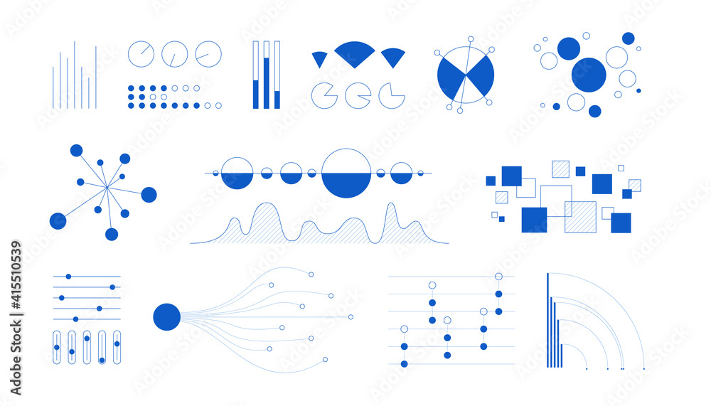 Poster Minimal infographic. Simple schemes and diagrams for information visualization. Blue geometric silhouettes of graphic elements for business presentation. Vector contour scales and indicators set