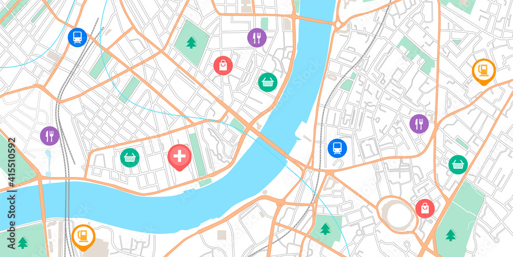 Poster gps point map. navigation signs on city road scheme. urban plan with parks and streets. online navig