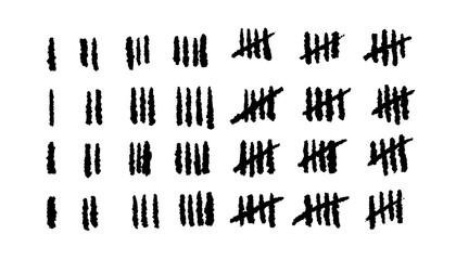 Tally marks. Prison days count slash symbols scratches on wall, jail hand drawn hash brush lines collection. Rough scrawled line signs in row. Simple counting of quantity. Vector stick counter set
