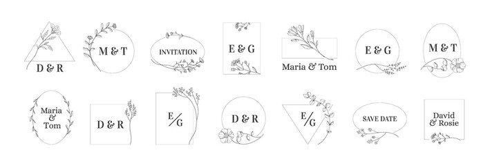 Flower monogram. Wedding floral square or round frames for invitation cards. Minimalist elegant sketches with blooming plants and calligraphy lettering of newlyweds names. Vector decorative templates