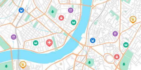 GPS point map. Navigation signs on city road scheme. Urban plan with parks and streets. Online navigational application. Vector marks on location of stores and petrol stations or transport stops