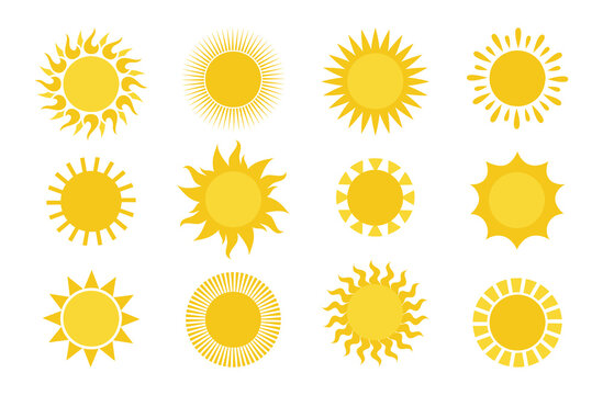 Sun icons. Round simple graphic element collection, summer sun yellow weather symbols for print and logo. Graphic circle sunshine solar silhouettes for decor, vector set isolated on white background