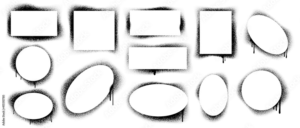 Poster spray paint frames. stencil graffiti splatter grunge effect, brush splash border isolated collection