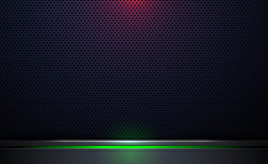 Abstract perforated black metal and light red background with green light raster plate vector illustration