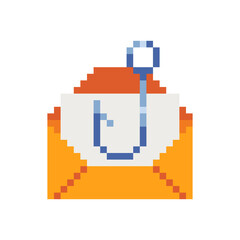 Obraz premium Open envelope. Mail web site icon. Concept of email advertisement. Pixel art 8-bit style. Isolated vector illustration. Design for stickers, logo, mobile app.