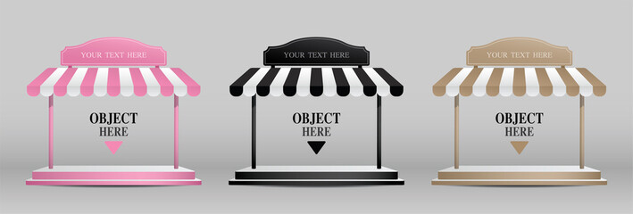 Platform for putting your object with awning and signage for placing your text 3D illustration vector. - obrazy, fototapety, plakaty