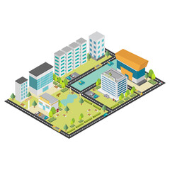 City center with buildings, stores, hospital, public park and traffic in isometric 3d style . Cityscape icon. Vector illustration.