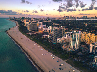 Miami Beach, Florida - Spectacular Dawn scene along Mid Beach. Residential condominiums and hotels...