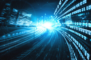 Digital data flow on road with motion blur to create vision of fast speed transfer . Concept of future digital transformation , disruptive innovation and agile business methodology .