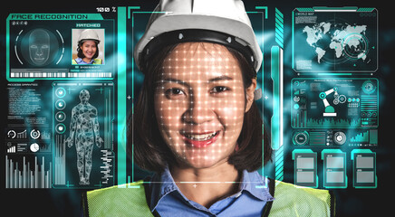 Facial recognition technology for industry worker to access machine control . Future concept interface showing digital biometric security system that analyze human face to verify personal data .