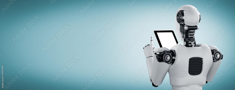 Poster robot humanoid using tablet computer in future office while using ai thinking brain , artificial int