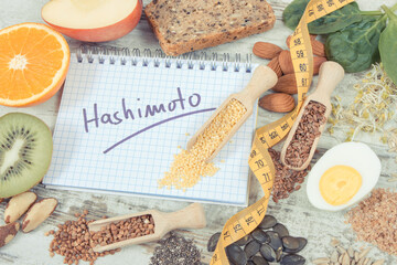 Nutritious ingredients and inscription hashimoto. Healthy food containing vitamins. Problems with thyroid concept