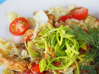 Chicken salad on blue wooden background
