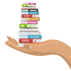 Stack of various books in female hand. Hand holding books. Flat and solid color vector illustration.