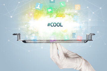 Waiter serving social networking concept with #COOL inscription