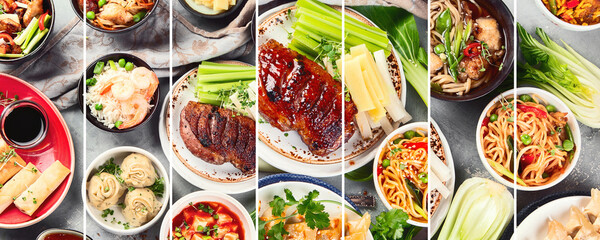Collage of assorted Chinese food on light gray background. Asian food concept.