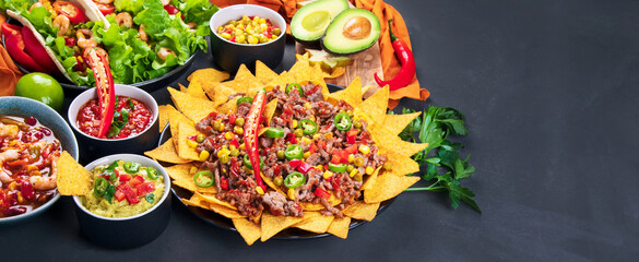 Hispanic mexican food, nachos, guacamole, meat tacos on dark background