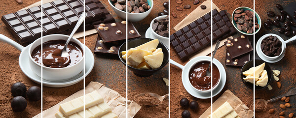 Collage of dark chocolate bar,chocolate pieces and cocoa beans, cocoa powder on black background.