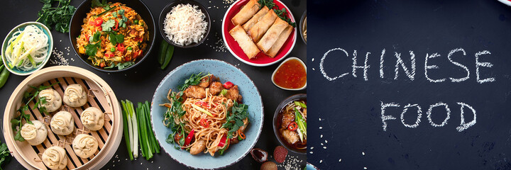 Collage of assorted Chinese food on dark background. Asian food concept.