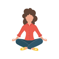 A young girl in a yoga pose does meditation, mindfulness practice, spiritual discipline. A woman is sitting cross-legged on the floor and meditating. Isolated. Flat cartoon style. Illustration vector.