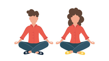 Illustration of a teenage couple doing yoga together. The guy and the girl in the lotus position. Vector.