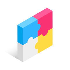 Multi-colored puzzle of 4 pieces. Vector illustration in modern isometric style. 3d icon.