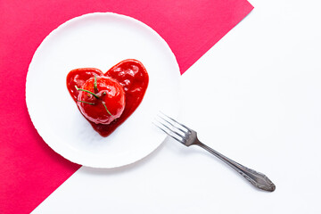 Heart shaped tomato in tomato paste on a white plate. Bright, minimalistic still life scene. Top view with copy space