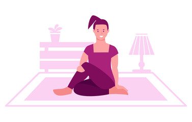 Young woman practices yoga at home. The concept of daily exercise, healthy lifestyle. Vector illustration in flat style.