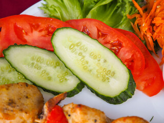 Chicken kebab with tomato and greens on a red background