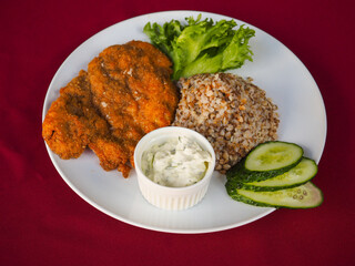 Beefsteak with tomato and herbs on a red background