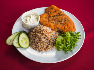 Beefsteak with tomato and herbs on a red background