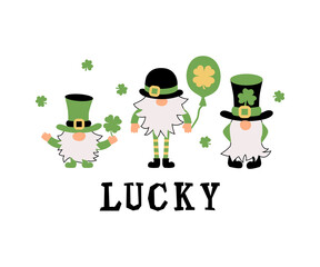 Irish gnomes with clovers. Great for t-shirt design, invitation, St Patrick's day. Vector illustration.