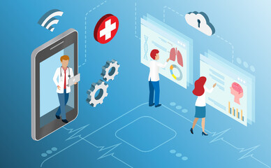 Doctor diagnosis of patient using  medical records from online clouds computing data center. Idea for research and development innovation in medical and healthcare concept. Isometric view.