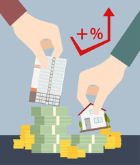 houses resting on bundle of money concept for property and estate investment and increasing graph