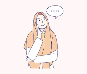 thinking young muslim girl with bubble text hand drawn vector illustration, cute woman wear scarf think, can use for, landing page, template, ui, web, homepage, poster, banner, flyer