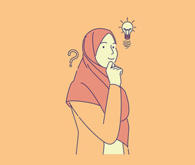 cute girl have idea hand drawn style . young pretty muslim woman smiling with finger on chin, vector illustration concept, can use for, landing page, template, ui, web, homepage, poster