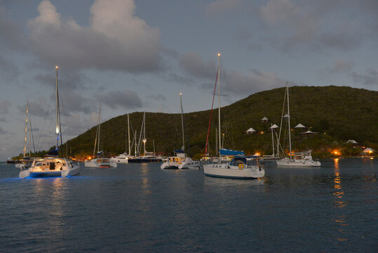 Boats at anchor at dusk, Bitter End Yacht Club, Gorda Sound, Virgin Gorda, British Virgin Islands