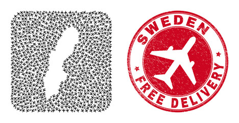 Vector mosaic Sweden map of airplane items and grunge Free Delivery stamp. Mosaic geographic Sweden map constructed as carved shape from rounded square shape with flying out jet vehicles.