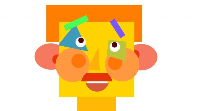 Looped abstract animation of a square head with moving face elements on a white background.
