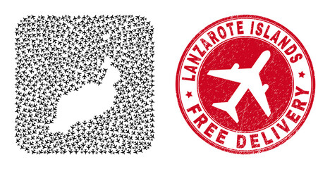 Vector collage Lanzarote Islands map of jet vehicle items and grunge Free Delivery badge. Mosaic geographic Lanzarote Islands map constructed as hole from rounded square with departing jet vehicles.