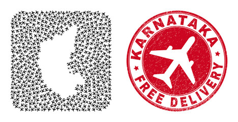 Vector collage Karnataka State map of air plane items and grunge Free Delivery stamp. Collage geographic Karnataka State map created as subtraction from rounded square with moving out aviation items.