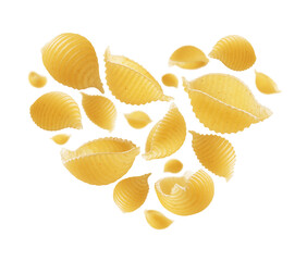 Italian pasta in the shape of a heart on a white background