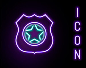 Glowing neon line Police badge icon isolated on black background. Sheriff badge sign. Colorful outline concept. Vector.