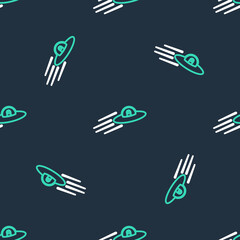 Line UFO flying spaceship and alien icon isolated seamless pattern on black background. Flying saucer. Alien space ship. Futuristic unknown flying object. Vector.